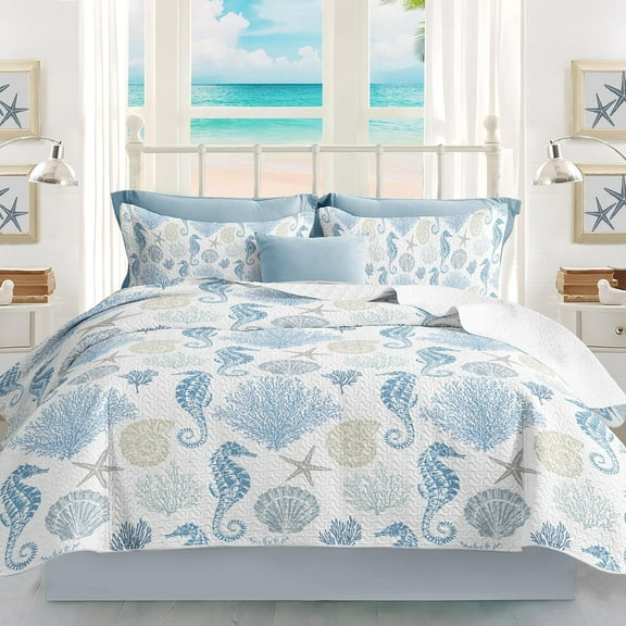 Coastal Queen Size Quilt with 2 Shams - Nautical Beach Comforter Set, Ocean Bedspread, Blue Seahorse Coverlet, Summer Bedding, 90"x96"