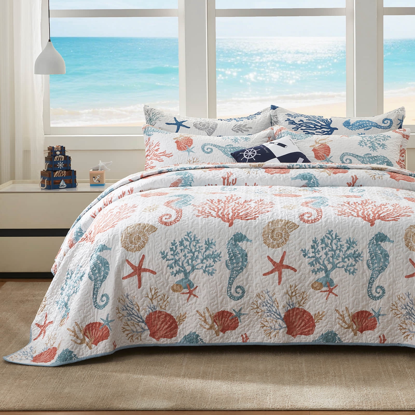Coastal Quilt Set California King Size - Lightweight Microfiber Reversible Bedspread, 106''x118'', Coral, Includes 2 Shams