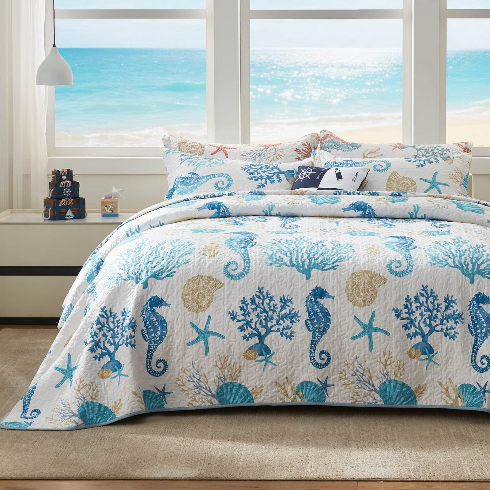 Coastal Quilt Set King Size - Lightweight Microfiber Reversible Bedspread, 98''x106'', Sky Blue, Includes 2 Shams