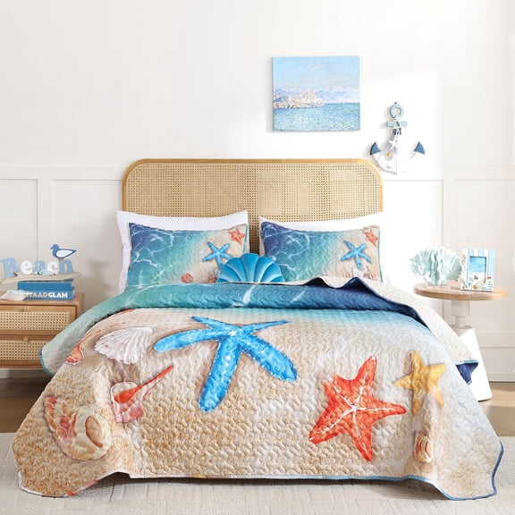 Coastal Quilt Set Queen Size – 3 Piece Lightweight Beach Themed Bedding, Soft & Breathable Polyester Coverlet, All Season Quilts & Bedspread for Bedroom Décor