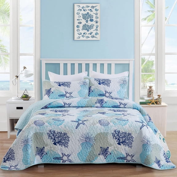 Coastal Quilt Set Size, Blue Beach Themed Bedding Set Coral Seashell Conch Starfish Microfiber Lightweight Summer Bedspread Coverlet Bed Set Season (104x90 Inch)