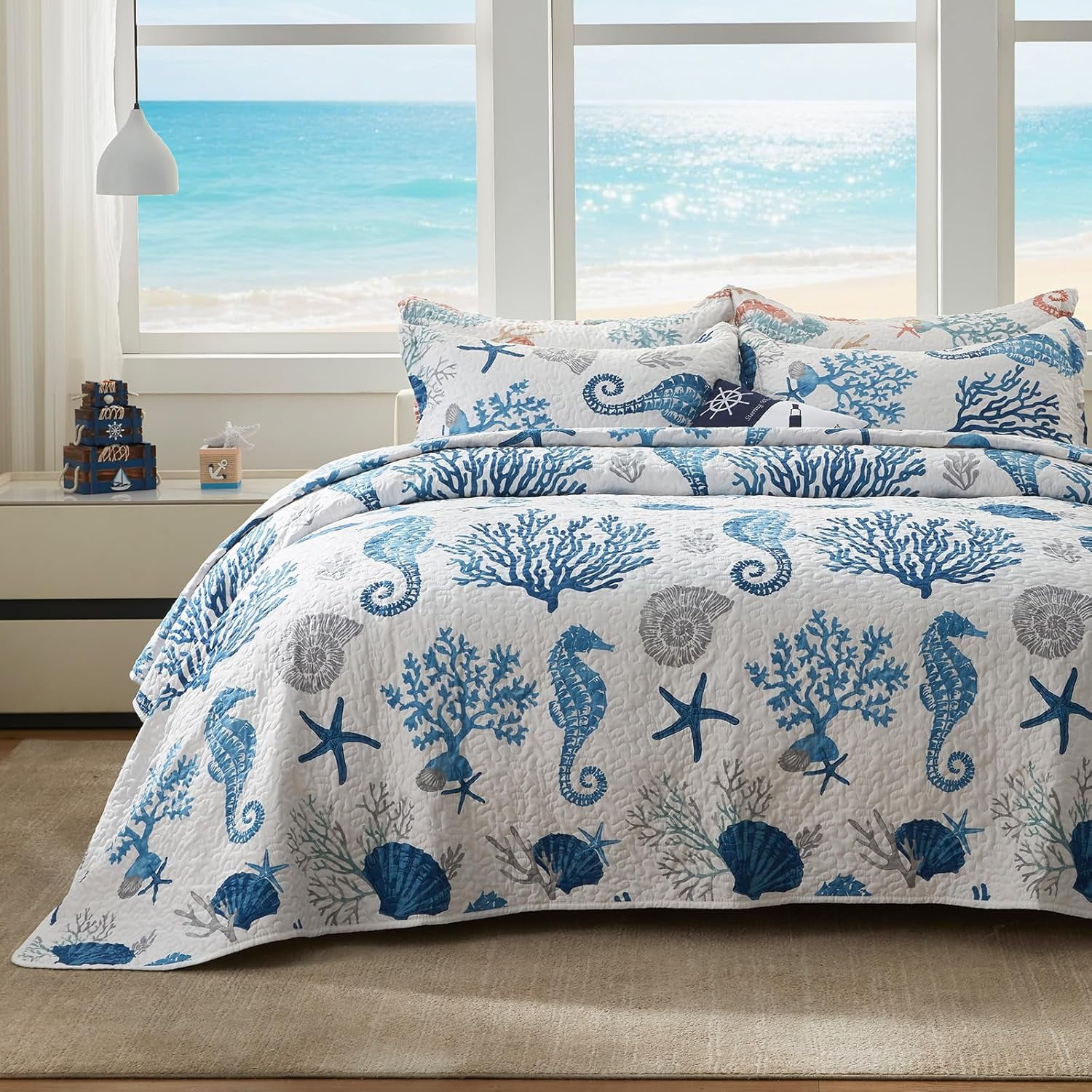 Coastal Quilt Set Twin Size - Lightweight Microfiber Reversible Bedspread, 68''x86'', Sea Blue, Includes 1 Sham