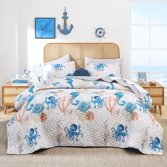 Coastal Quilts Bedding Set King Size - Summer Nautical Bedding Quilt with Pillow Cases, Beach Reversible Quilt Set Ocean Blue Seahorse Bedspreads Coverlet Soft Lightweight Comforter