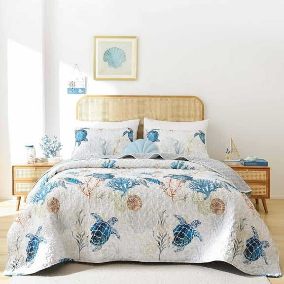 Coastal Quilts Bedding Set Twin Size - Summer Sea Turtles Nautical Bedding Quilt with Pillow Cases, Beach Reversible Quilt Set Bedspreads Coverlet Soft Lightweight Comforter