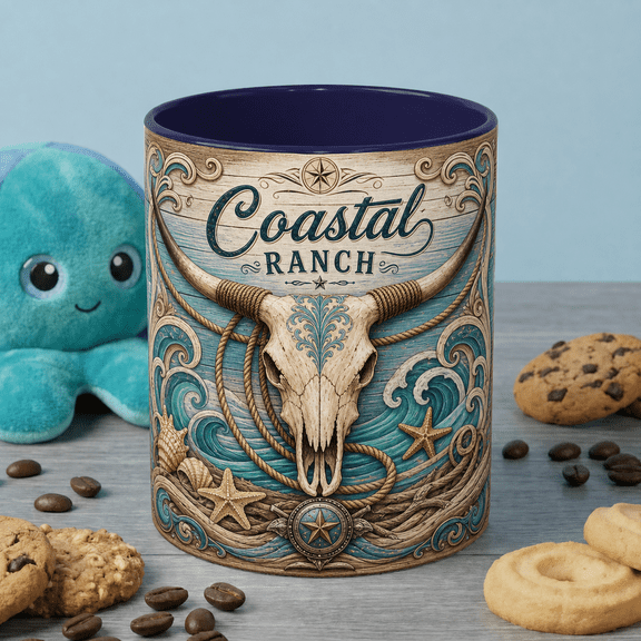 Coastal Ranch Mug Rustic Ocean Coffee Cup for Rancher Gift, Western Beach Style