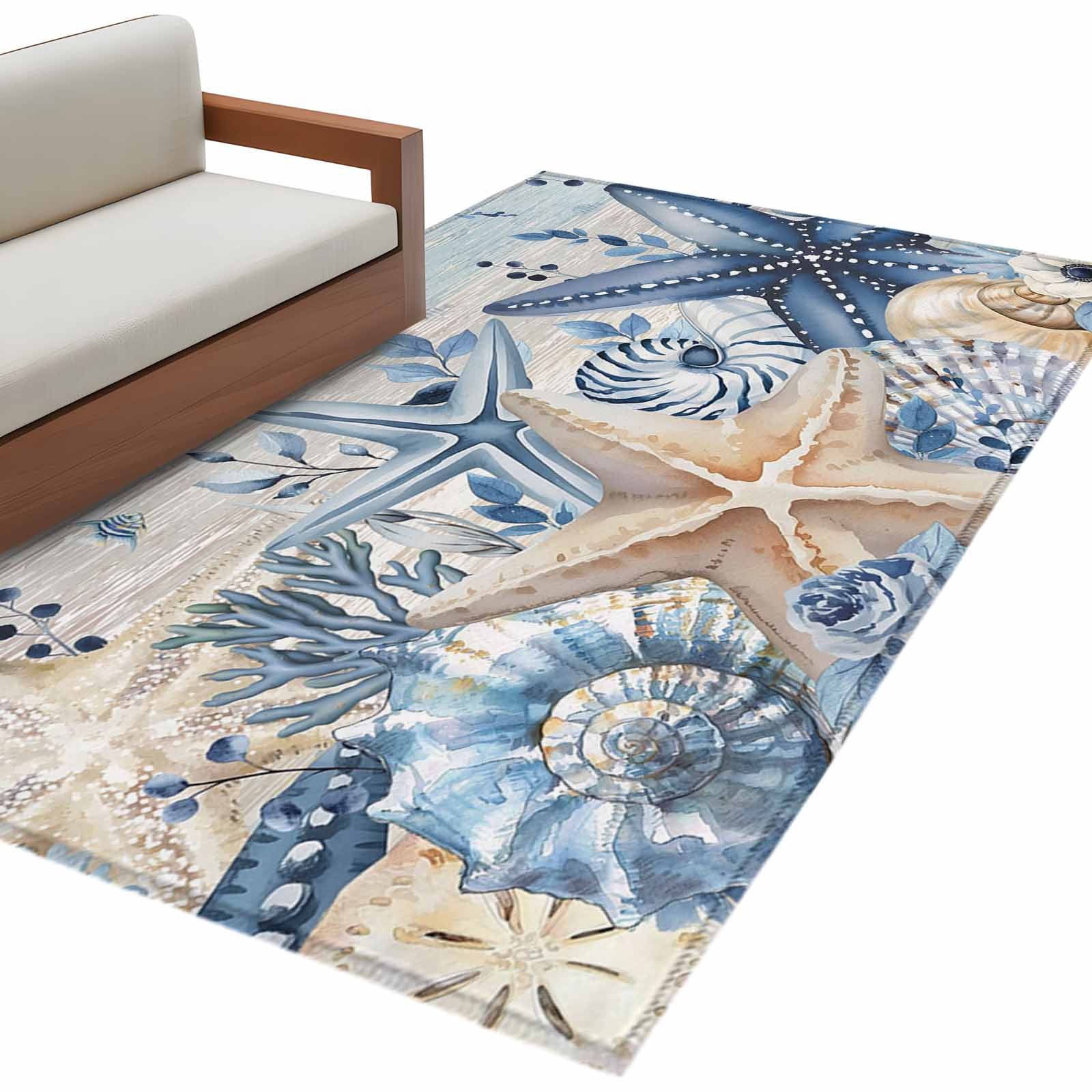 Coastal Rectangle Area Rug 3x5 ft Ocean Blue Beige Starfish Shells ...