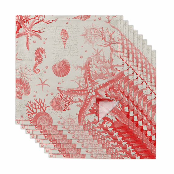 Coastal Red Cloth Napkins, Nautical Coral Seahorse Starfish Shell Washable and Reusable Dinner Napkins Set of 8, Table Napkin for Kitchen Party Birthday Wedding Hotel Housewarming 20"x20"