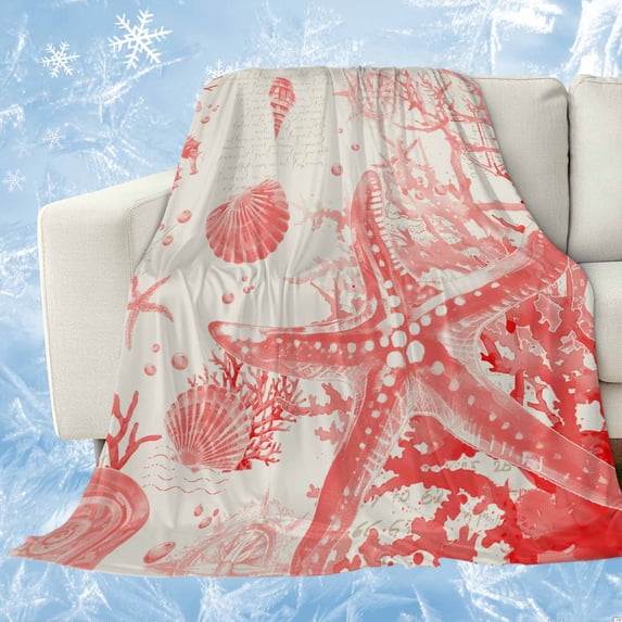 Coastal Red Cooling Blanket, Lightweight Breathable Summer Throw Blanket with Double Sided Cold Effect,Nautical Coral Seahorse Starfish Shell Picnic Beach Blankets Bed Sheet for Hot Sleepers 40"x60"