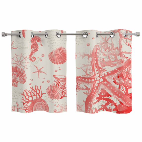Coastal Red Kitchen Curtains Small Short 39 Inch Length, Nautical Coral Seahorse Starfish Shell Grommet Top Bedroom Living Room Curtains, Light Filtering Cafe Curtain Drapes 2 Panels Set 55''x39''