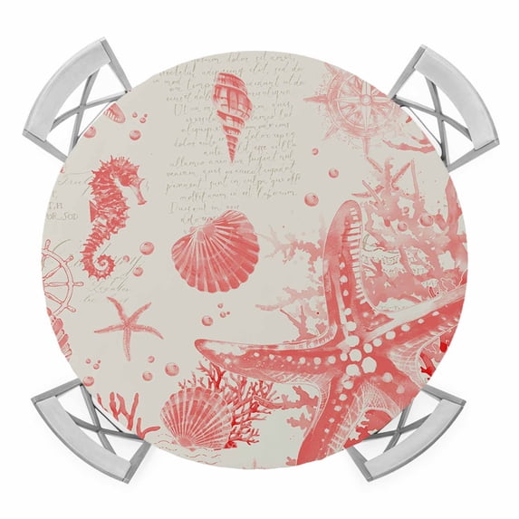 Coastal Red Round Tablecloth for 55-60 Inch Tables,Fitted Table Cover with Elastic Edge,Nautical Coral Seahorse Starfish Shell Waterproof Outdoor Table Cloth Protector for Patio Garden Dinner Picnic