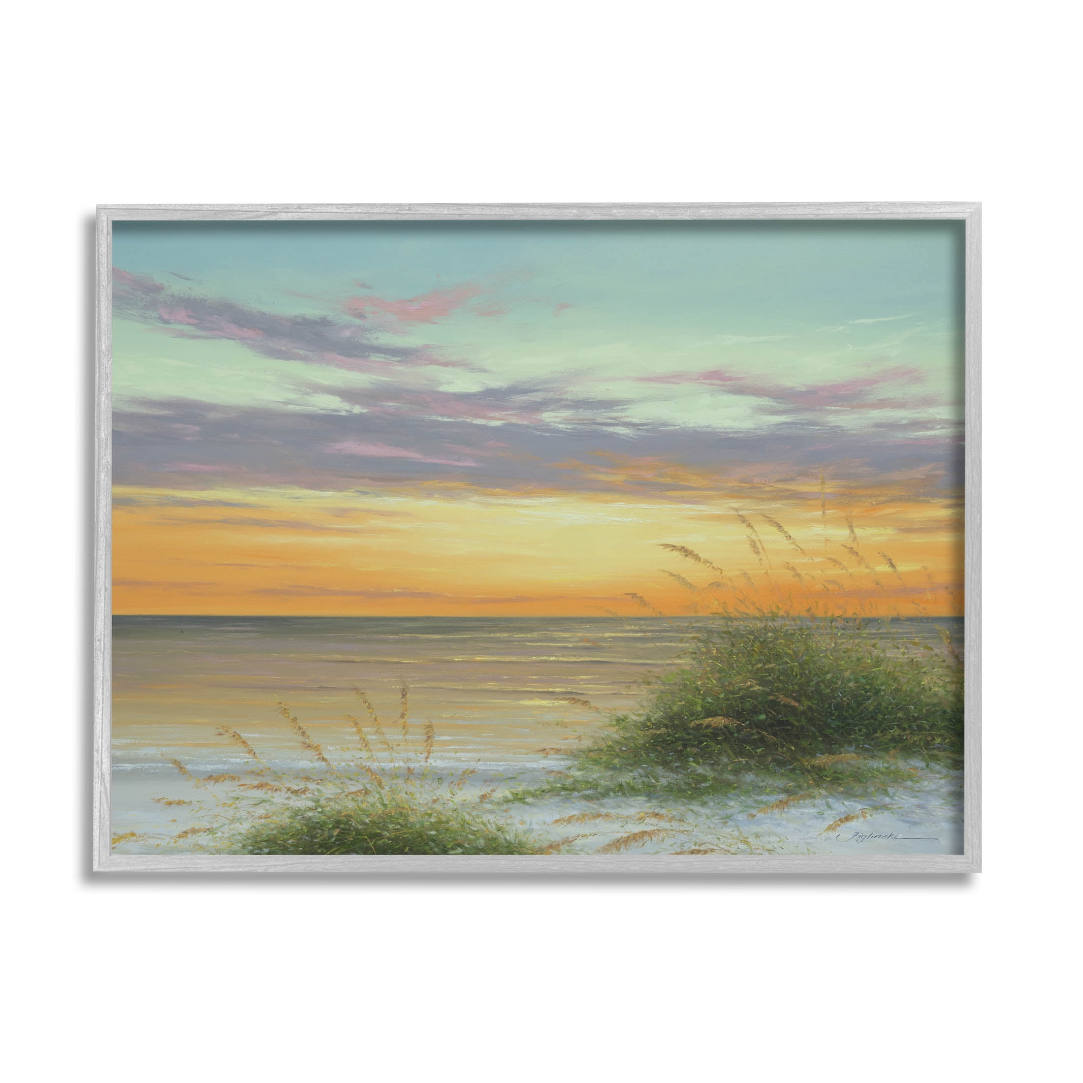 Coastal Reeds Sunset Beach Shore Coastal Painting Gray Framed Art Print Wall Art