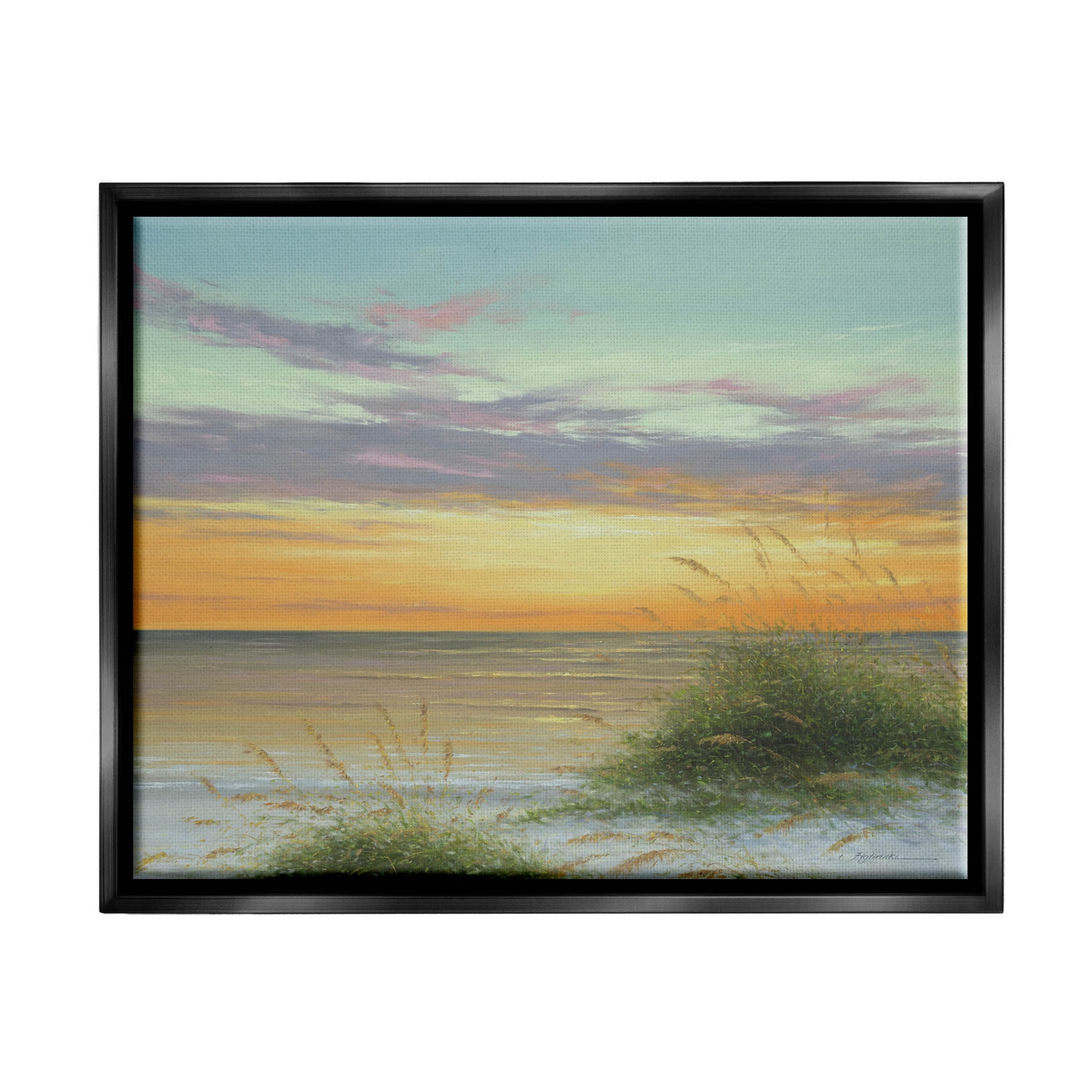 Coastal Reeds Sunset Beach Shore Coastal Painting Jet Black Framed Art Print Wall Art
