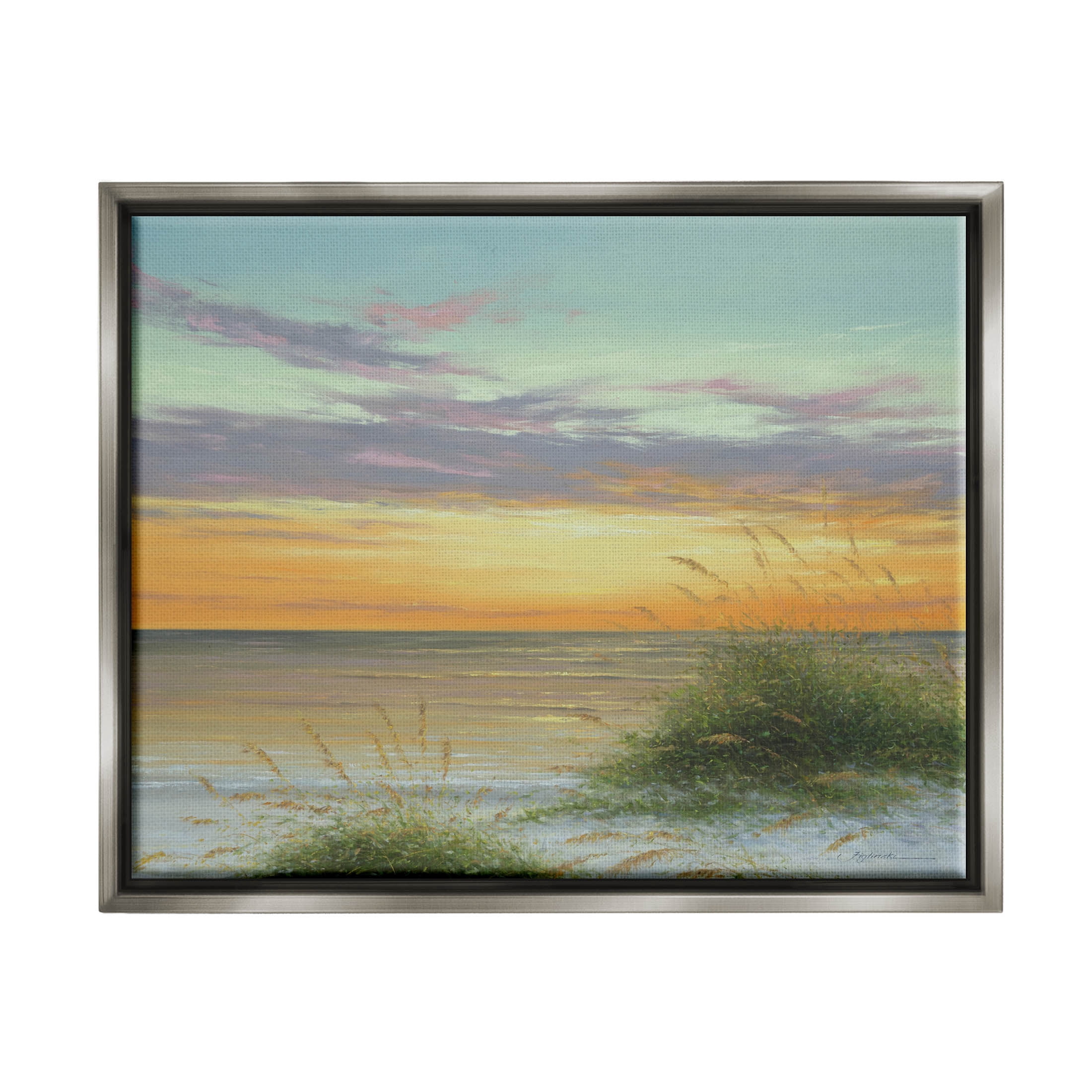 Coastal Reeds Sunset Beach Shore Coastal Painting Luster Gray Framed Art Print Wall Art