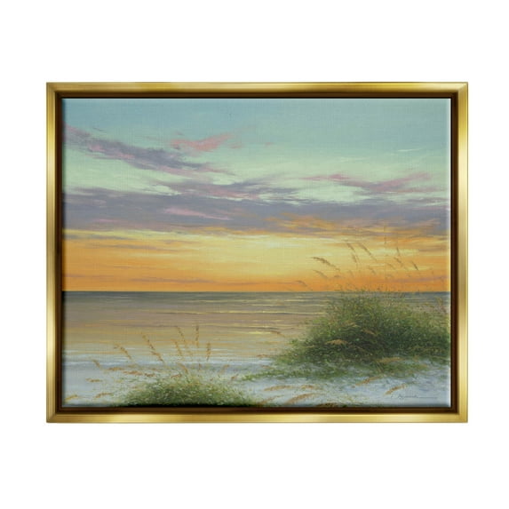 Coastal Reeds Sunset Beach Shore Coastal Painting Metallic Gold Framed Art Print Wall Art