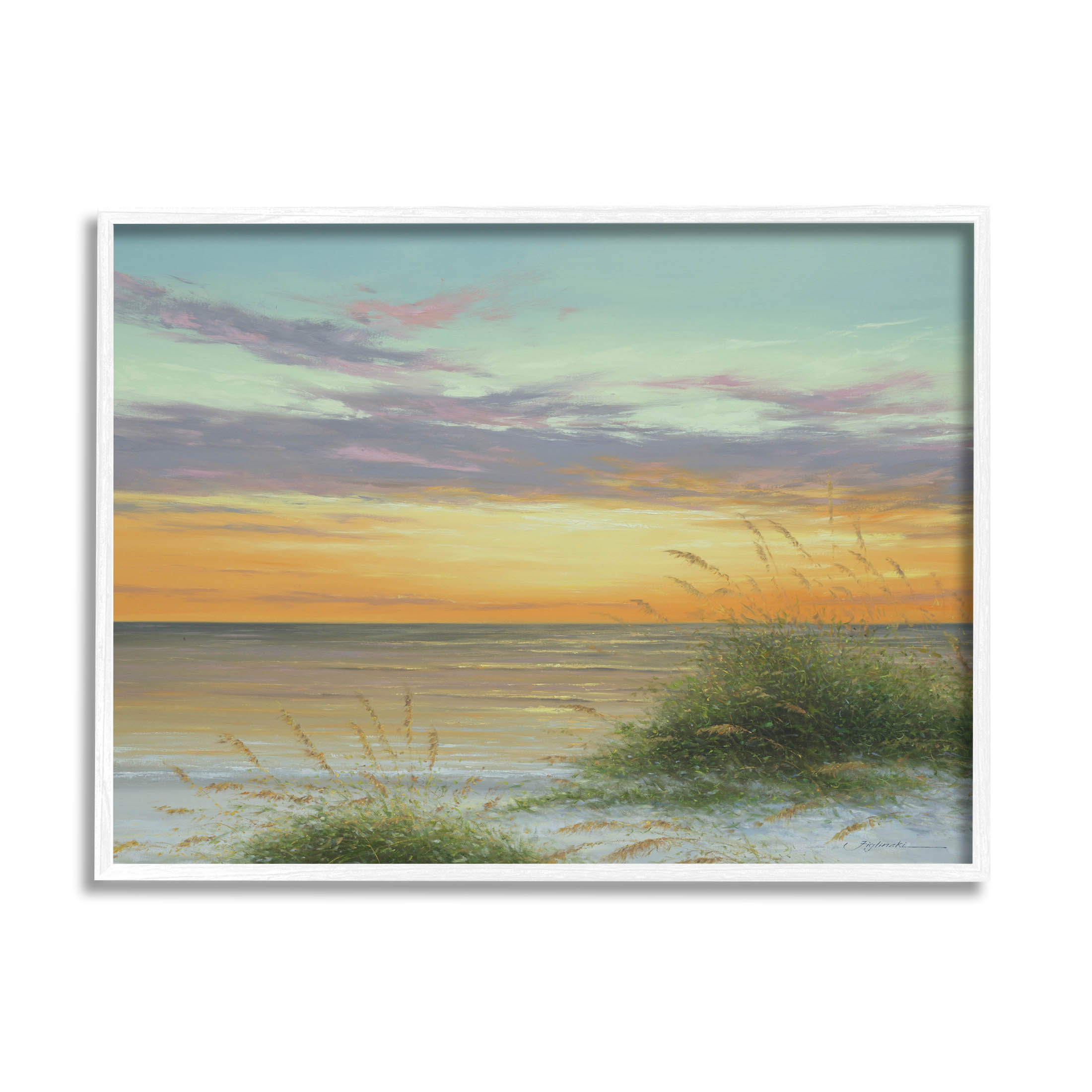Coastal Reeds Sunset Beach Shore Coastal Painting White Framed Art Print Wall Art