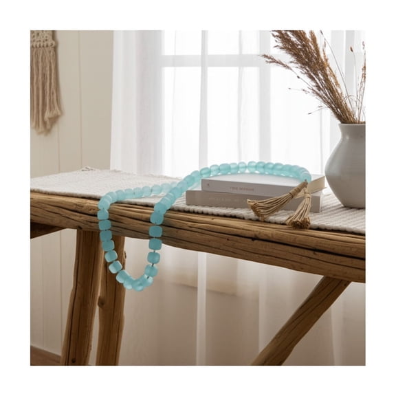 Coastal Resin Bead Garland with Jute Tassels - Decorative Accent for Living Room, Bedroom & Office - 1" Blue