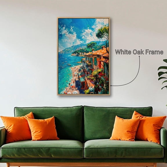 Coastal Resort Town Wall Art Mediterranean Beach Poster Vibrant Seaside Wall Decor Blue Sea And Mountains Poster, Unframed Poster Size 8x12