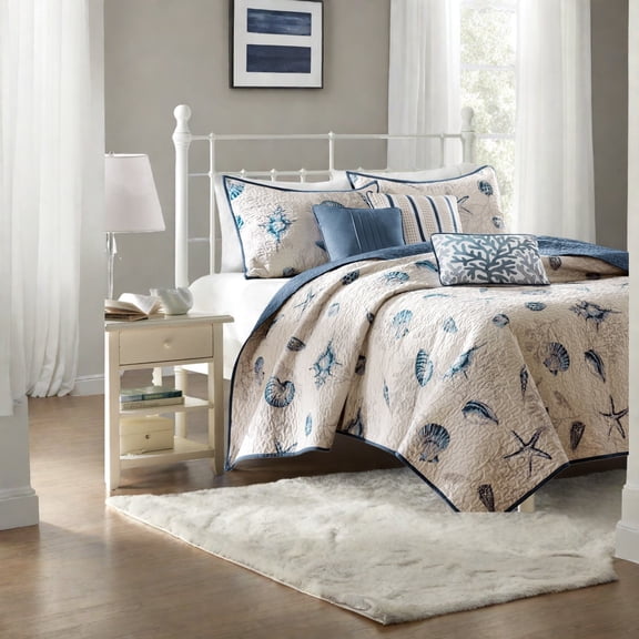 Coastal Reversible Bedding Sets Brushed Microfiber 6Piece with Decorative Pillows King Size