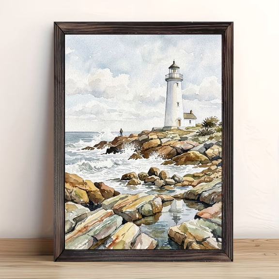 Coastal Rocky Shore Lighthouse Framed Wall Art, Solid Wood Frame Ocean Wave Watercolor Print, Nautical Seascape Artwork for Bathroom Bedroom, 12x16in