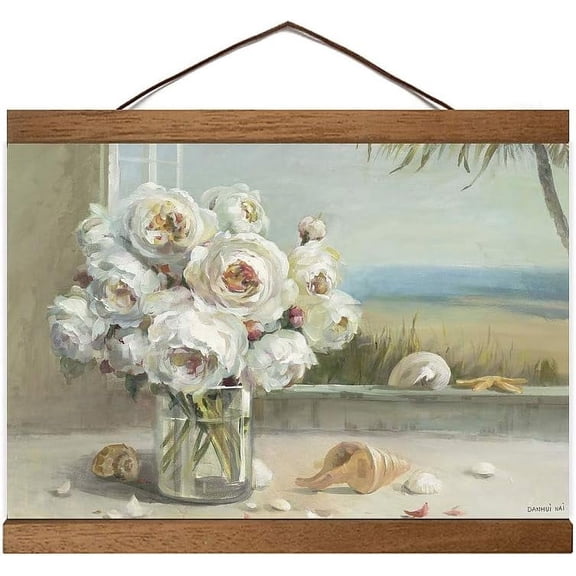 Coastal Roses (Oak Trim) Wall Hanging Canvas Tapestry, Rose Home Decor, 12"x8"