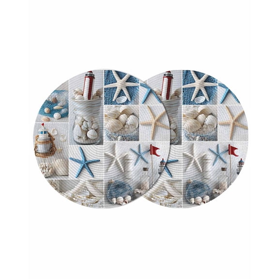 Coastal Round 13 Inch Placemats Set of 2, Summer Beach Starfish Nautical Sea Shell HeatResistant Non Slip Place Mats for Dining Table, Wipeable Braided Kitchen Table Mats for Housewarming