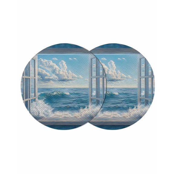 Coastal Round 13 Inch Placemats Set of 2, Window Nautical Beach Blue Seaside HeatResistant Non Slip Place Mats for Dining Table, Wipeable Braided Kitchen Table Mats for Housewarming