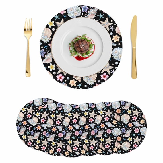 Coastal Round 13 Inch Placemats Set of 6, Summer Nautical Ocean Floral Shell Starfish Black HeatResistant Non Slip Place Mats for Dining Table, Wipeable Braided Kitchen Table Mats for Housewarming