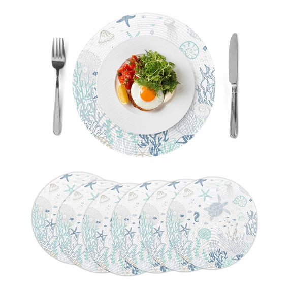 Coastal Round 13 Inch Placemats Set of 6, Turquoise Blue Turtle Starfish Coral Jellyfish HeatResistant Non Slip Place Mats for Dining Table, Wipeable Braided Kitchen Table Mats for Housewarming