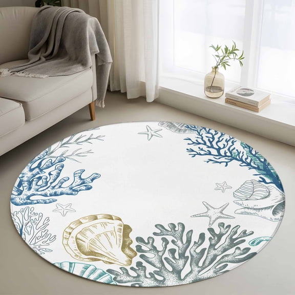 Coastal Round Area Rug 4ft, Ocean Coral Shell Turquoise Blue Conch Washable Non-Slip Circle Rugs for Bedroom Living Room Kitchen, Soft Non Shedding Circle Carpet for Dining Room Dorm