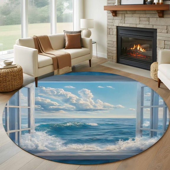 Coastal Round Area Rug 6 FT, Non Slip Bedroom Area Rug, Window Nautical Beach Blue Seaside Washable Soft Circular Carpet Non-Shedding Floor Mat for Kitchen Dining Room Home Office Kids Room