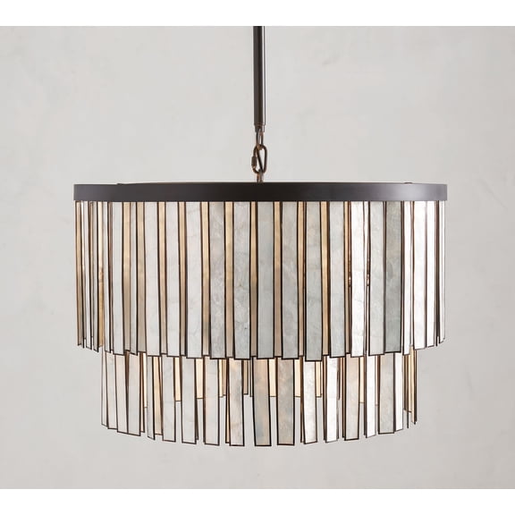 Coastal Round Capiz Chandelier, Natural Sea Shell Ceiling Lamp, Ceiling Light with Bronze Tile, Hand-polished Living Room Light Fixture