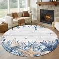thumbnail image 1 of Coastal Round Living Room Rugs 8 ft, Ocean Blue Beige Starfish Shells Leaves Grey Wooden Washable Large Area Rug with Non-Slip Sturdy Edge Binding Round Carpet for Dining Room Kitchen Office, 1 of 9
