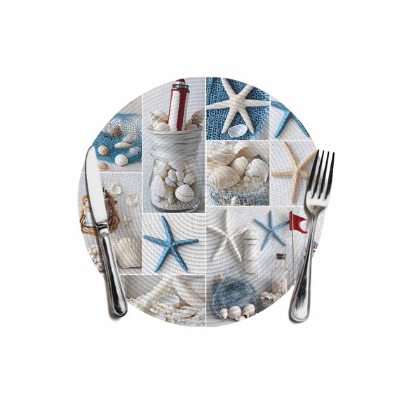 Coastal Round Placemats for Dinning Tables,Heat-proof Braided Table Mats 13 Inch,Summer Beach Starfish Nautical Sea Shell Washable Place Mat for Kitchen Restaurant Party Decor Supplies Table Setting