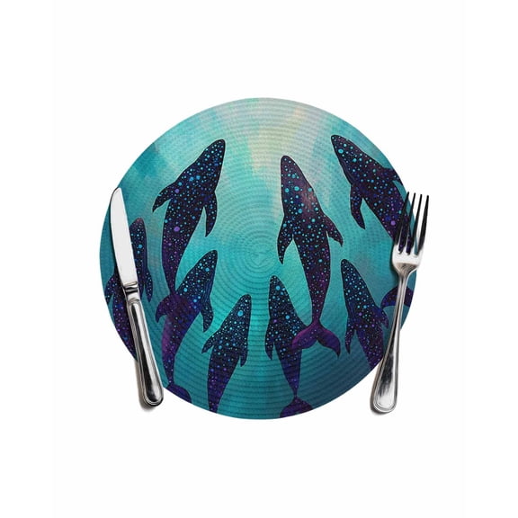 Coastal Round Table Placemats 1 pc, Vintage Ocean Whale Polka Dots Washable Woven Place Mats for Dining Tables Kitchen Party Decor,Heat Proof, 13in, Turquoise Teal