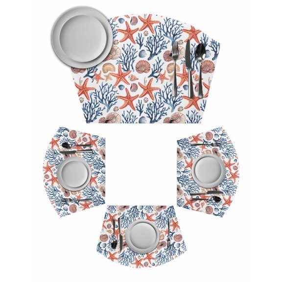 Coastal Round Table Placemats Set of 2 Wedge Placemats, Summer Beach Starfish Coral Shell Conch Nautical Place Mats for Dining Table Set Washable Mats Kitchen Decor for Indoor Outdoor Wipe Clean