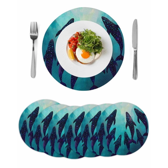 Coastal Round Table Placemats set of 6, Vintage Ocean Whale Polka Dots Washable Woven Place Mats for Dining Tables Kitchen Party Decor,Heat Proof, 13in, Turquoise Teal