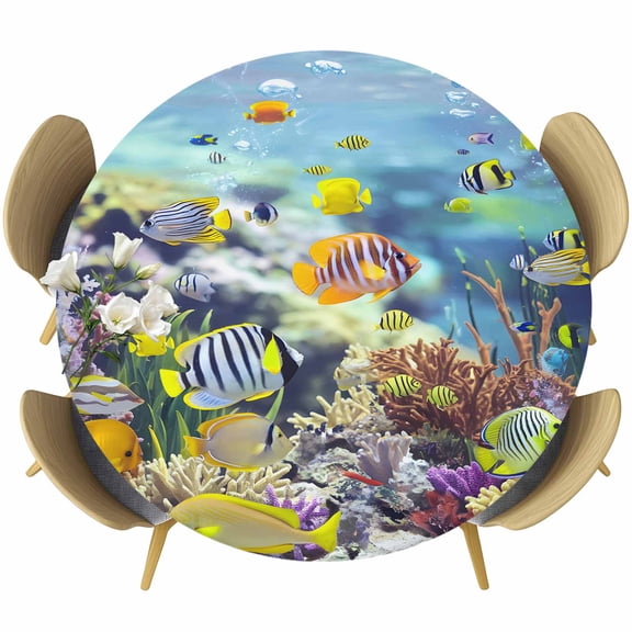 Coastal Round Tablecloth 36-44 Inch Round Fitted Table Cloth with Elastic Edge, Fish Nautical Summer Beach Ocean Waterproof Table Cover Protector for Outdoor Picnic Party Dining