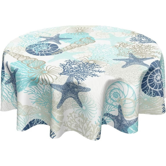 Coastal Round Tablecloth 60 Inch Nautical Ocean Coral Starfish Seashell Printed Table Cloth Summer Beach Theme Washable Polyester Table Cover for Kitchen Dining Room Party Indoor Outdoor Home Decor