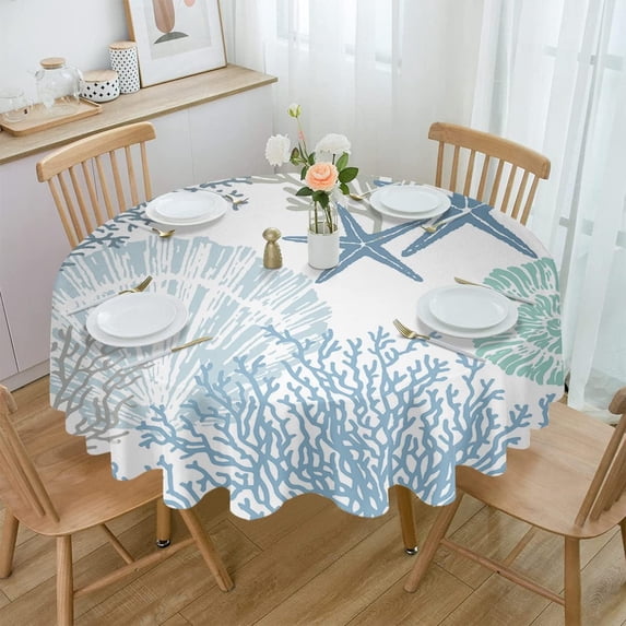 Coastal Round Tablecloth 60 Inch - Summer Beach Blue Teal Coral Waterproof Fabric Table Cloth Protector, Nautical Starfish Tablecloths Washable Table Cover for Kitchen Coffee Table Party