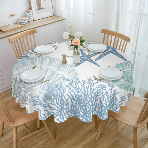 Coastal Round Tablecloth 60 Inch - Summer Beach Blue Teal Coral Waterproof Fabric Table Cloth Protector, Nautical Starfish Tablecloths Washable Table Cover for Kitchen Coffee Table Party