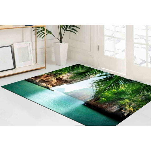 Coastal Rug, Bridesmaid Gift Rugs, Personalized Gifts Rug, Hallway Rug, Sea Landscape Rug, Tropical Sea View Rugs, Green Rug, Runner Rug, 3.3'x6.5' - 100x200 cm