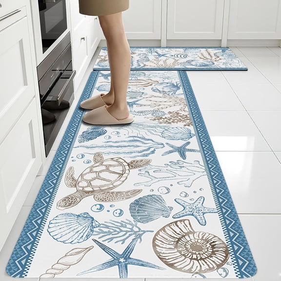 Coastal Rugs for Kitchen Floor, Beach Anti Fatigue Mats for Kitchen Floor Non Slip, 2PCS Rubber Ocean Coral Kitchen Mat, Washable Cushioned Runner Carpet for Sink Laundry 17"×30" +17"×47"