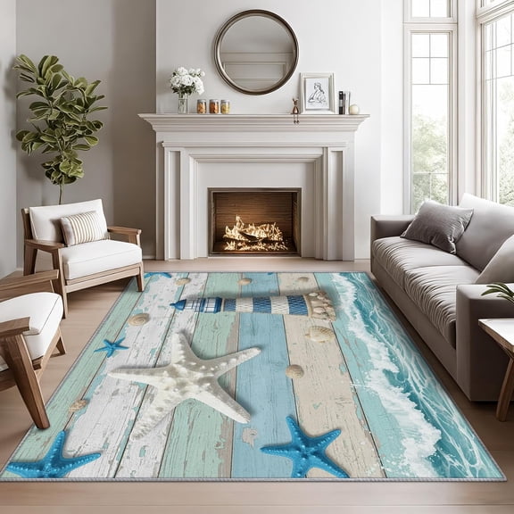 Coastal Rugs for Living Room - 2x3 ft, Nautical Rug, Lighthouse Starfish Area Rug, Rustic Wood Coastal Washable Door Mat for Entryway, Kitchen, Maritime Nautical Home Decor & Gifts