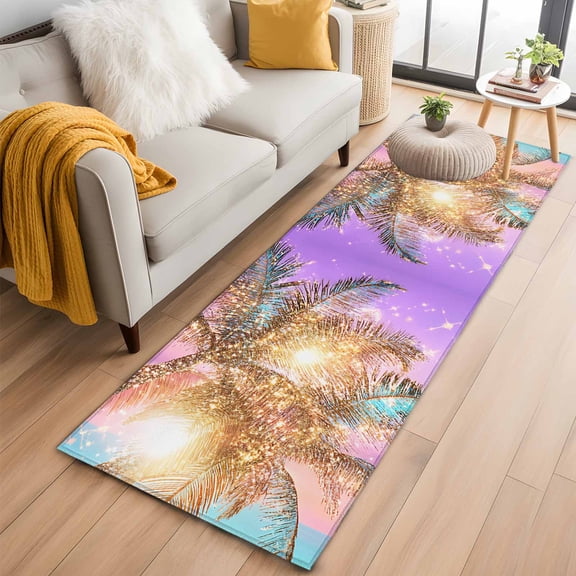Coastal Runner Rug 2x6 FT,Non Slip Hallway Rugs,Ocean Palm Tree Summer Beach Purple Blue Washable Soft Floor Carpet Non-Shedding Throw Runner Carpet Long Rug for Entryway Kitchen Bedside Sliding Door