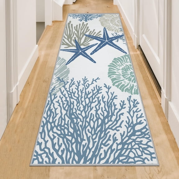 Coastal Runner Rug, 2x6 Nautical Kitchen Hallway Rugs Beach Themed Non-Slip Indoor Floor Mat Machine Washable Rugs Carpet for Bathroom Living Room Bedroom Laundry Room Entryway, Blue