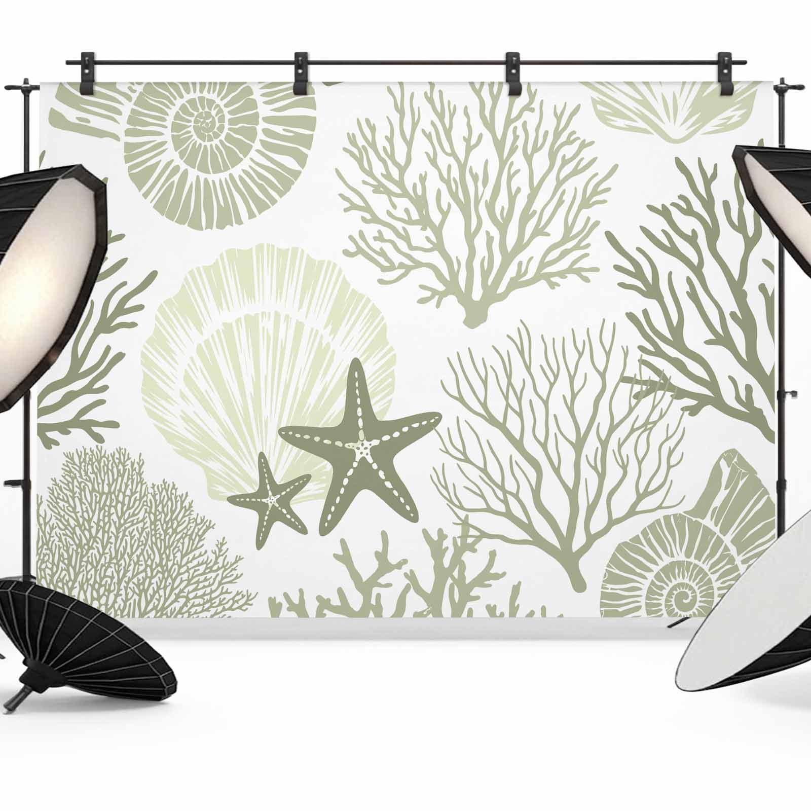 Shell Backdrop 2d Coastal Sage Green Backdrop for Photography,Fabric Photo Background ...