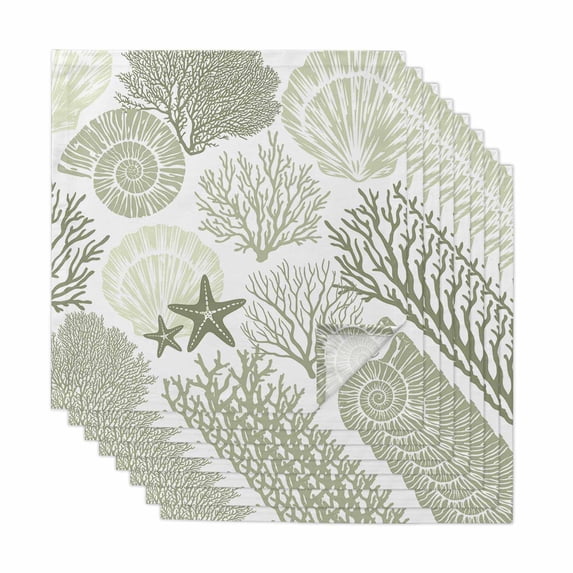 Coastal Sage Green Cloth Napkins, Ocean Coral Starfish Shell Modern Washable and Reusable Dinner Napkins Set of 8, Table Napkin for Kitchen Party Birthday Wedding Hotel Housewarming 20"x20"