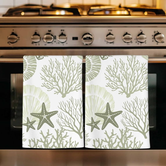 Coastal Sage Green Kitchen Towels Set of 3, Ocean Coral Starfish Shell Modern Absorbent Dish Towels for Kitchen, Microfiber Hand Towel, Quick Drying Tea Towel for Cleaning Decorative Dishcloths