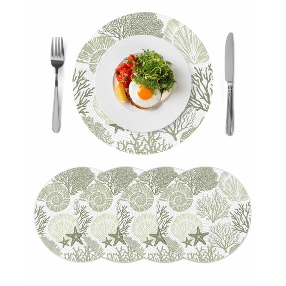 Coastal Sage Green Round 15 Inch Placemats Set of 4, Ocean Coral Starfish Shell Modern HeatResistant Non Slip Place Mats for Dining Table, Wipeable Braided Kitchen Table Mats for Housewarming