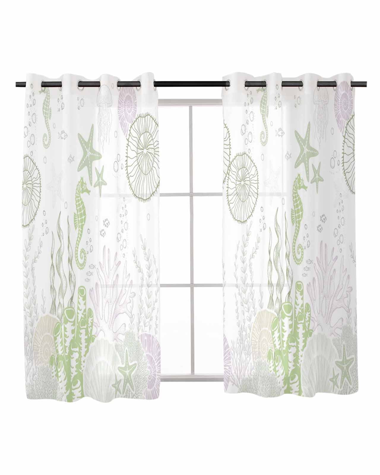 Coastal Sage Green Sheer Curtains 45 Inch Length 2 Panels Ocean Coral